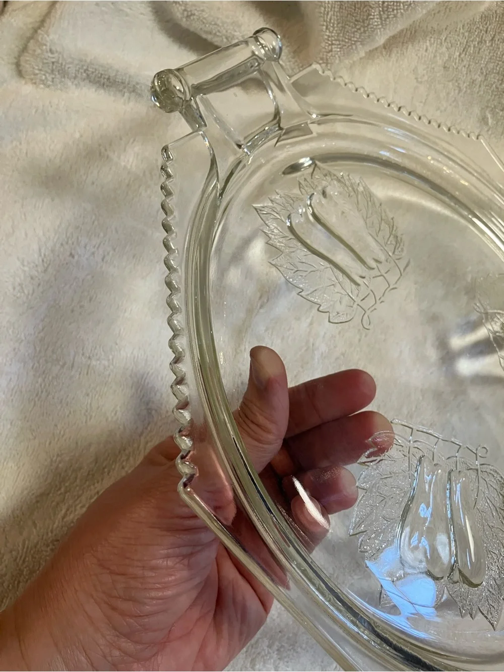vintage Jeannette Glass Baltimore Pear handled cake plate embossed pears